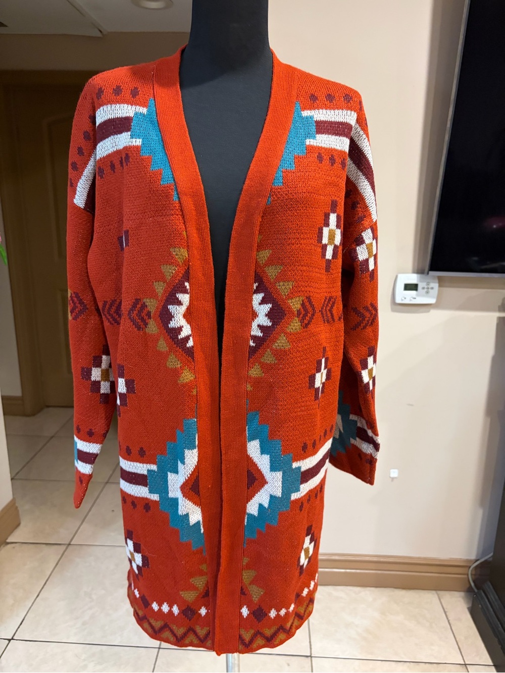 Rust Aztec Open-Front Knit Cardigan Sweater